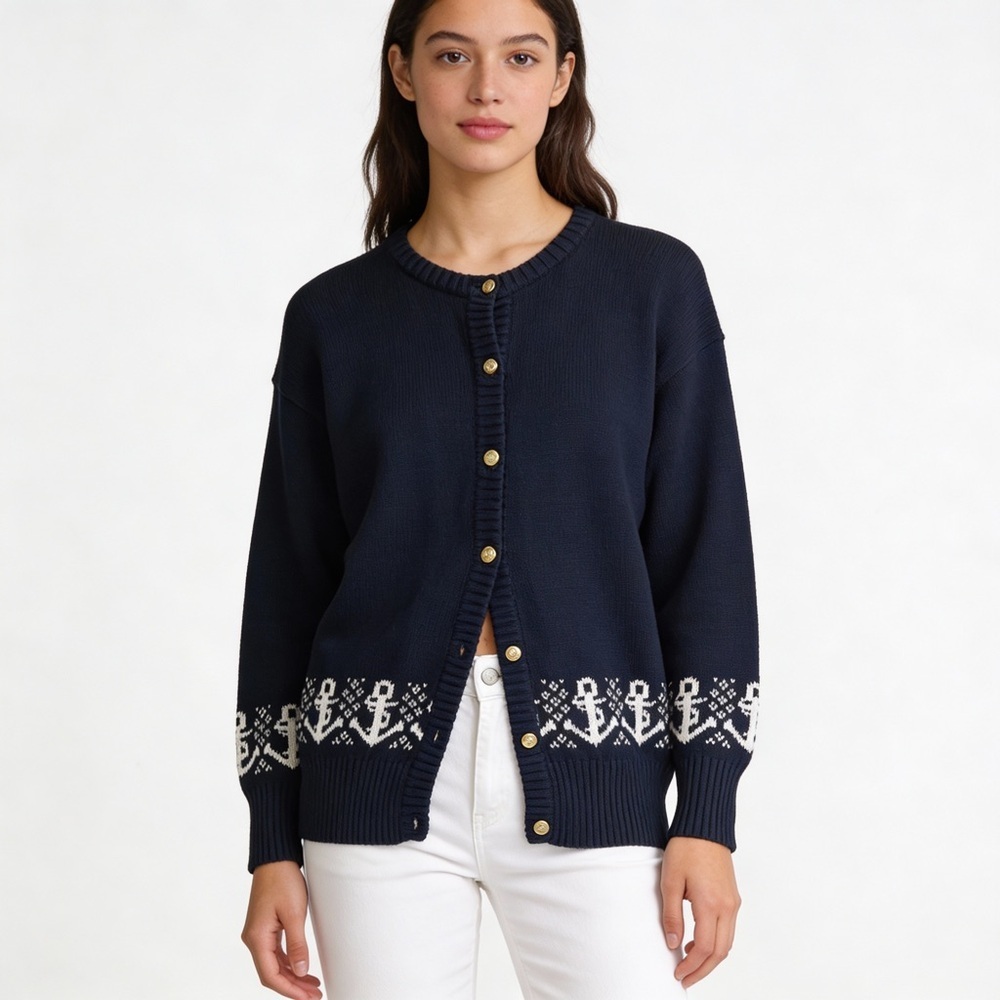 BURBERRY’S Vintage Button Down Navy Blue Anchor Cardigan